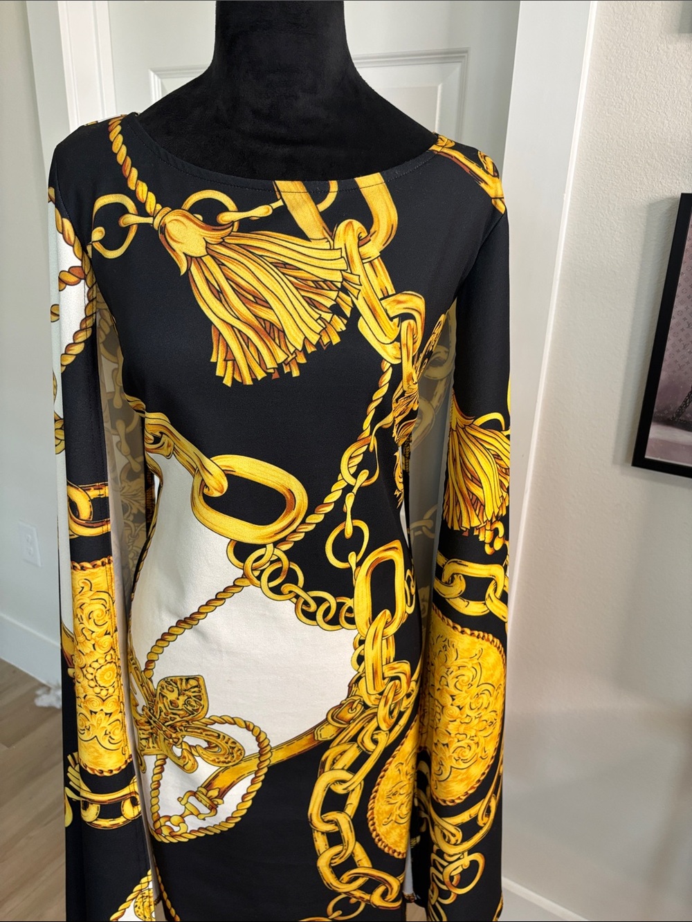 Ashley Stewart Black & Gold Chain-Print Long Sleeve Shift Dress - Picture 6 of 6